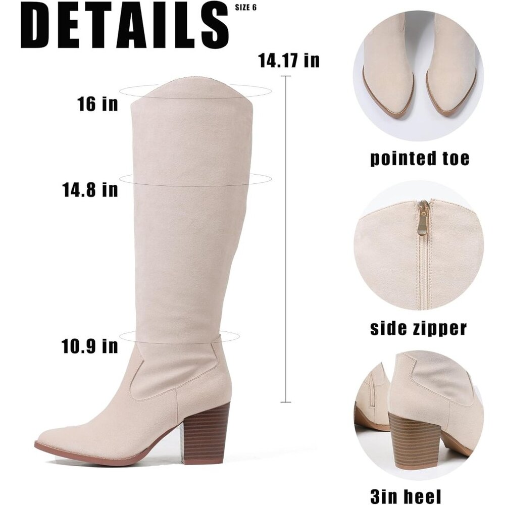 Womens Suede Beige Side Zipper Knee High Pointed Toe Chunky Heel Tall Boots - Picture 6 of 6